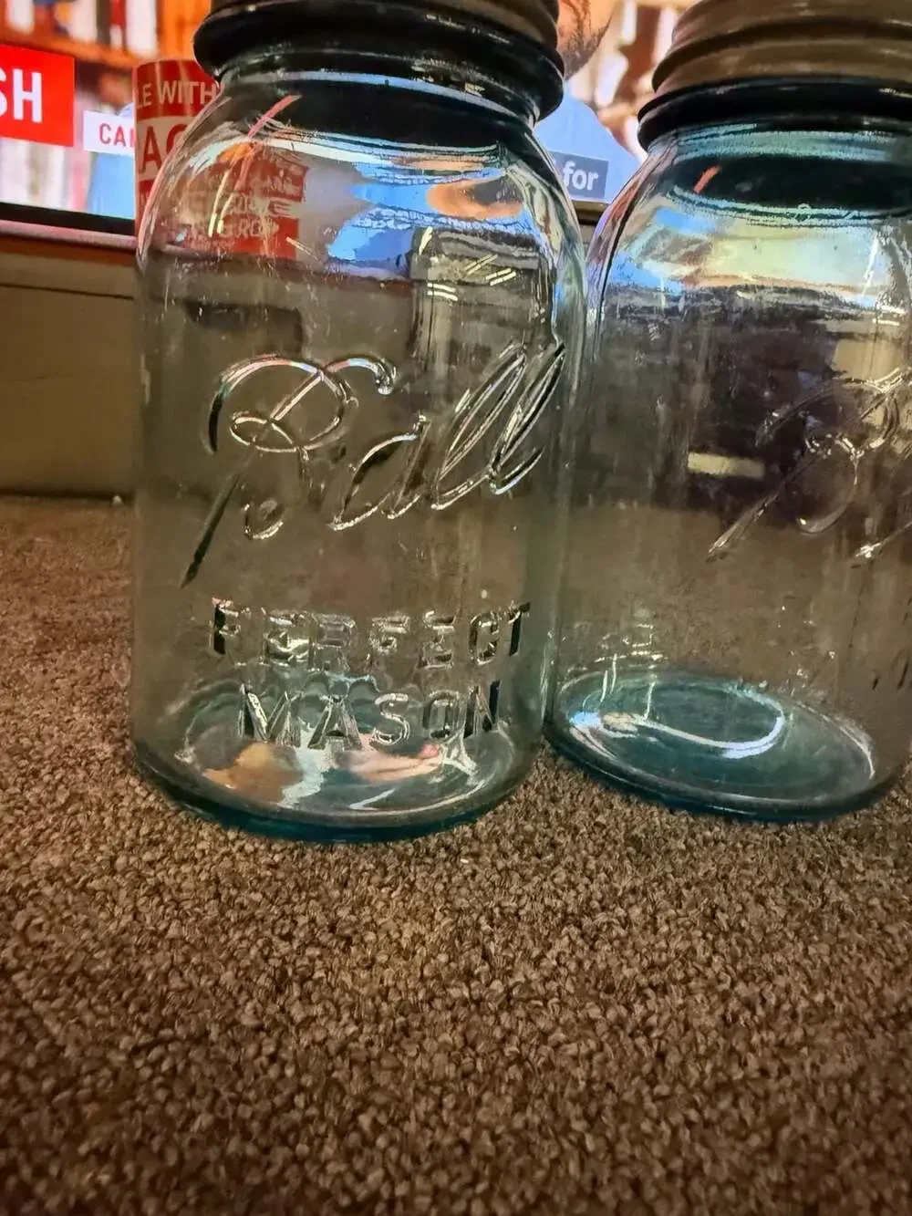 Vintage Blue Glass Mason Jars - Atlas Strong Shoulder Mason & Ball Perfect Mason